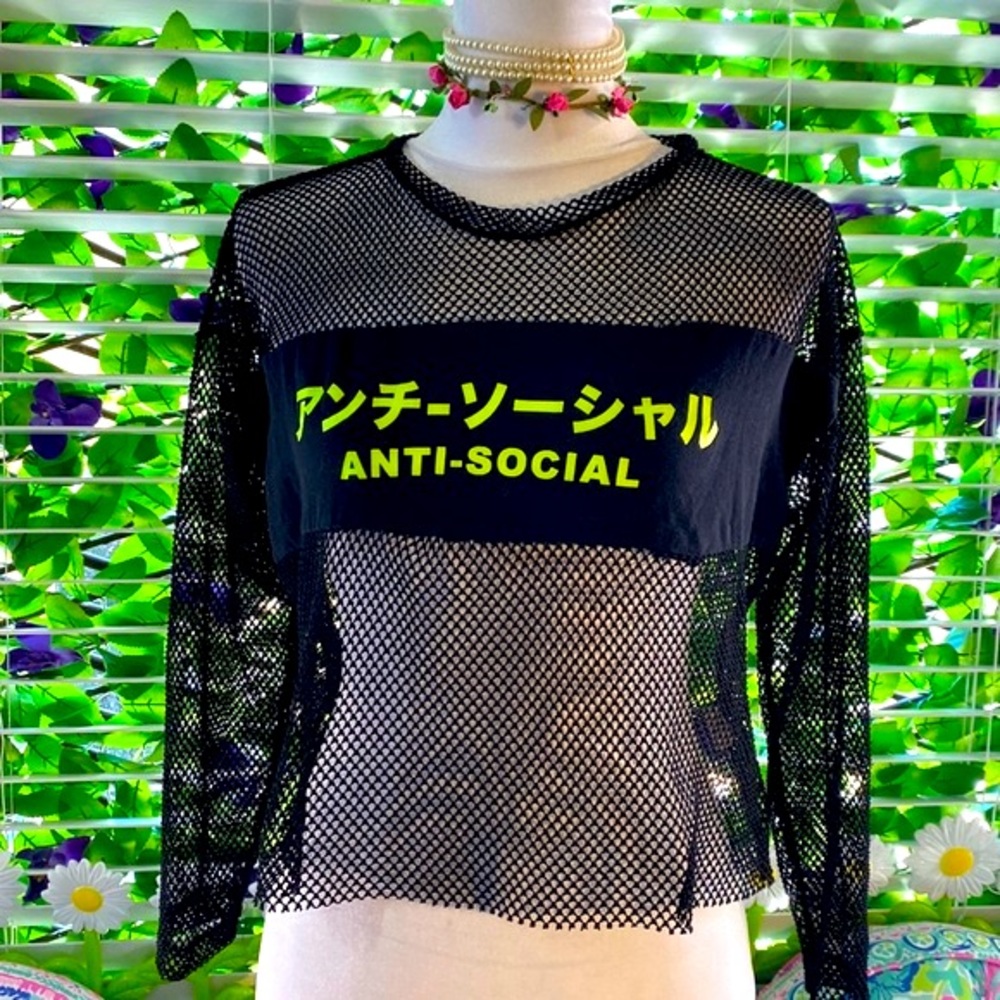 Riot Queen black mesh crop top with neon green “ANTI-SOCIAL”